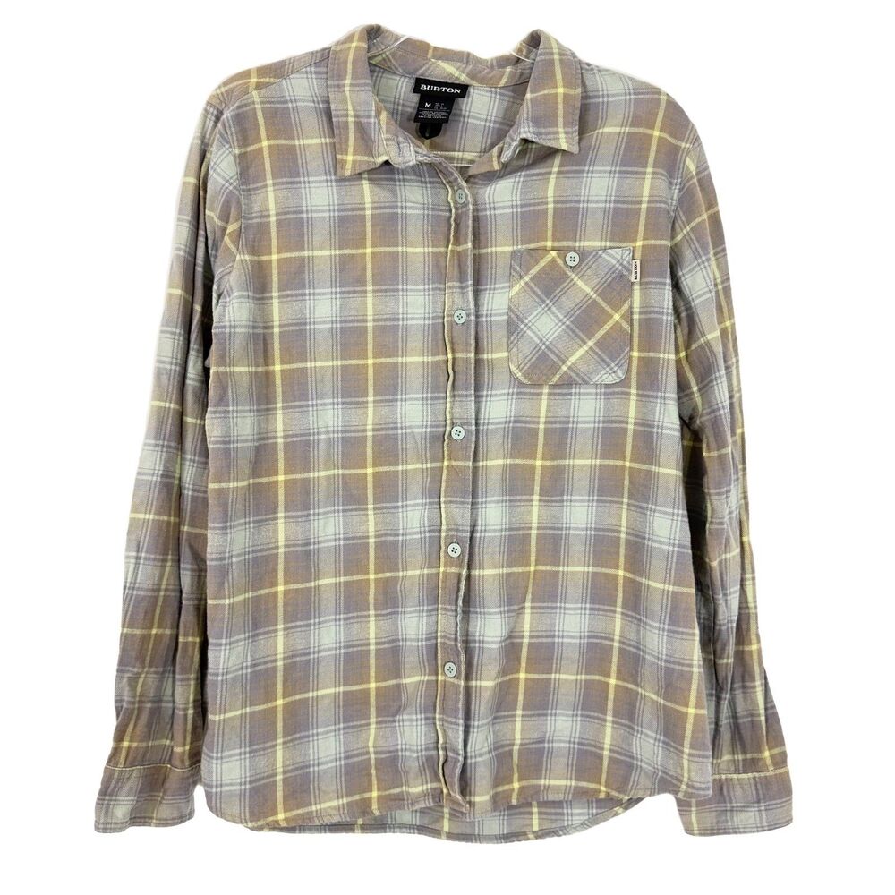 BURTON Grace Long Sleeve Flannel Top M Lt Brown Plaid Button-Up Pocket EUC B1